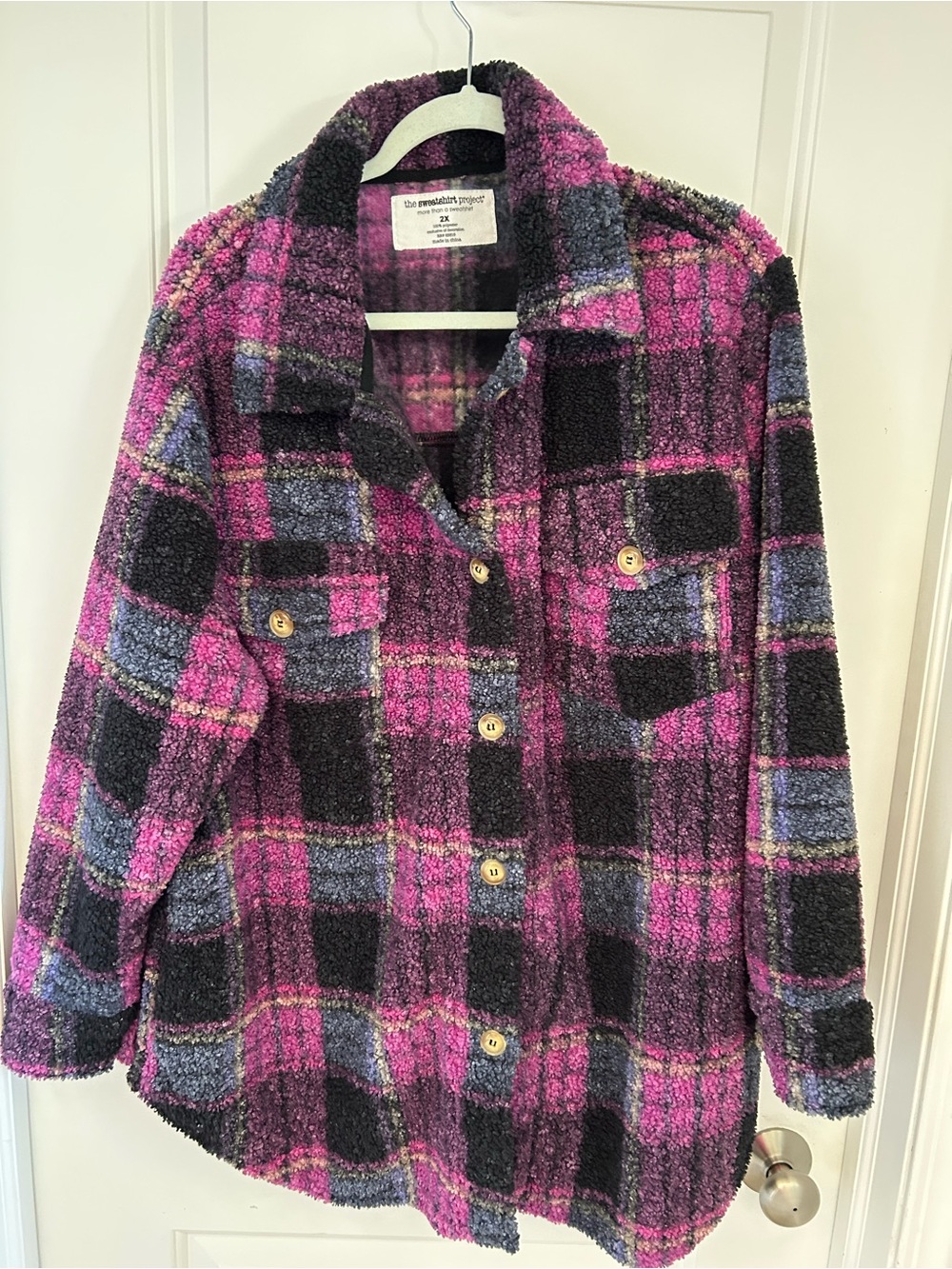 The Oversized Project Pink & Black Plaid Teddy Shacket